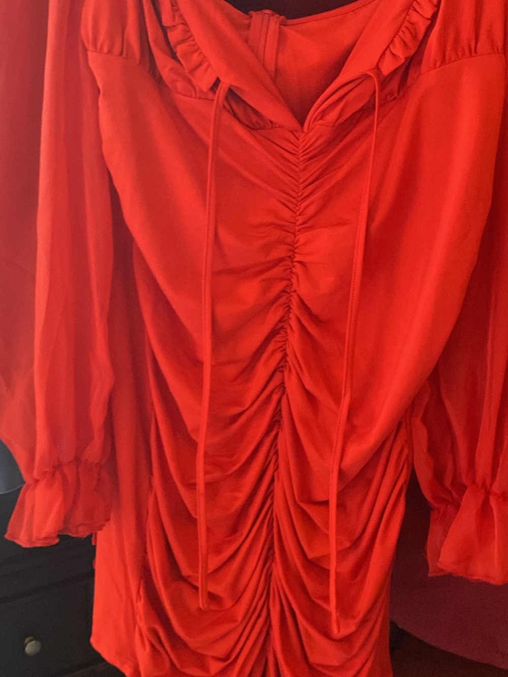 Gathered Front Long-Sleeve Red Dress